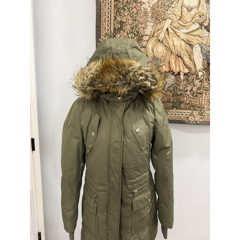 Sam Edelman Jacket Womens Small Green Hooded Parka Coat Faux Fur Trim Puffer - Picture 2 of 14